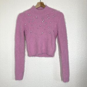 Zara Sweater Womens Medium Pink Fuzzy Rhinestone Mock Neck Cropped Pullover